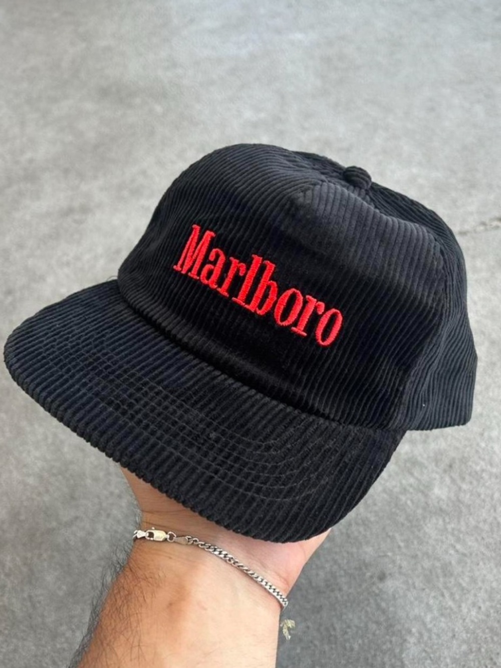 Embroidered Marlboro Logo Text Corduroy SnapBack